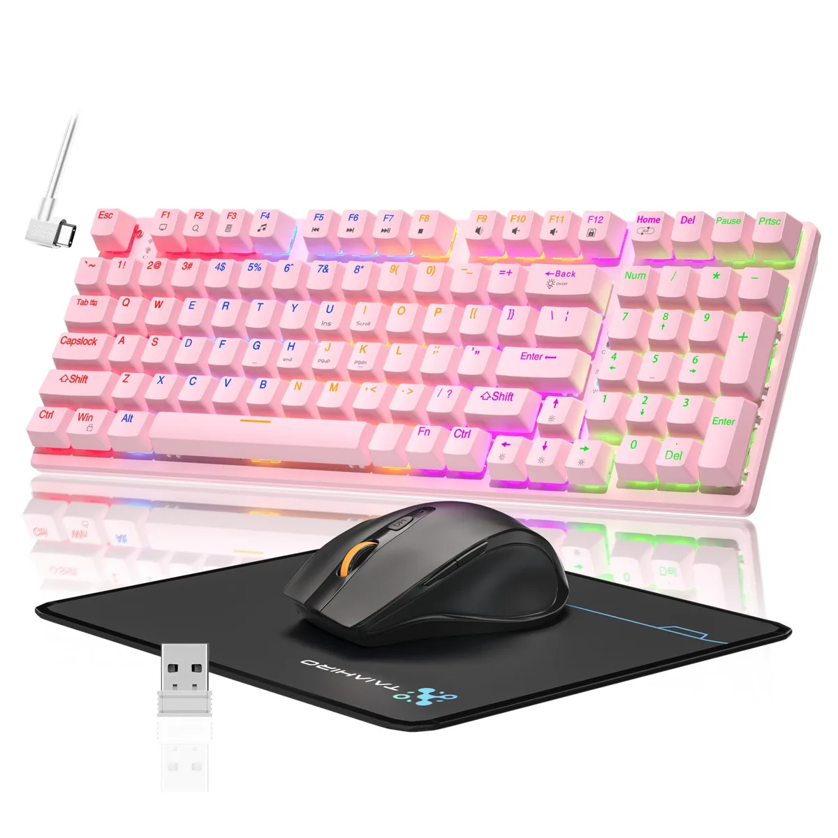 Pink 98-key wireless mechanical keyboard with RGB backlighting