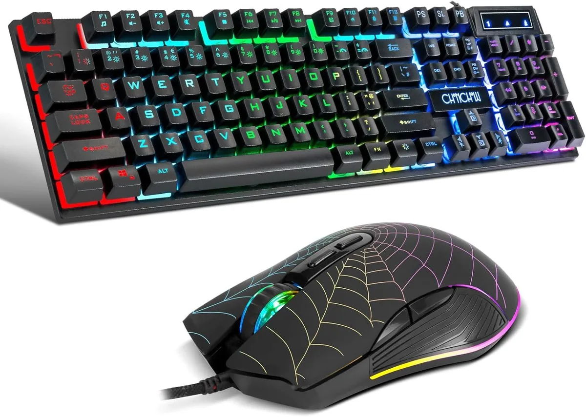 Black full-size USB keyboard with RGB backlighting and matching 7-colour mouse