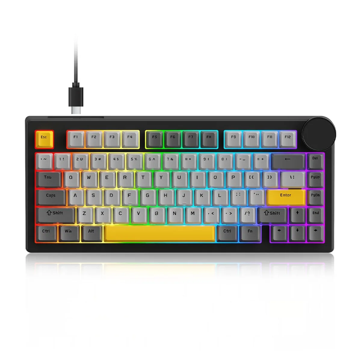Black 75% gaming keyboard with RGB backlighting and metal knob