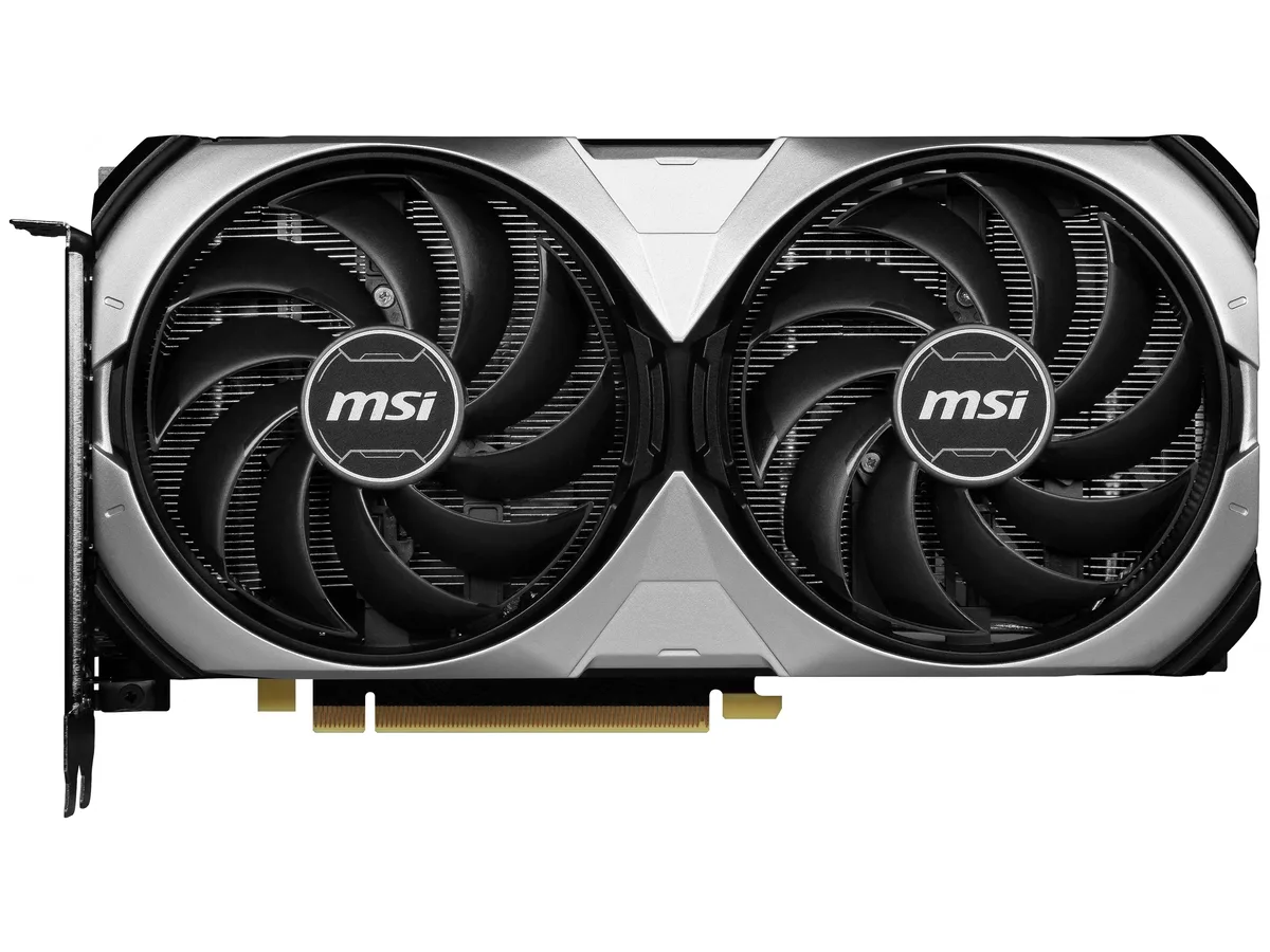 Dual-fan graphics card in matte black and grey finish
