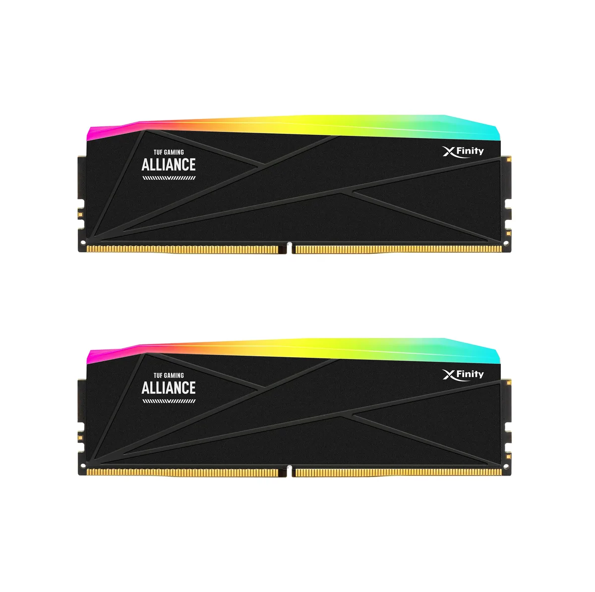 Two black DDR5 DIMMs with geometric grooved heatsinks and RGB lighting