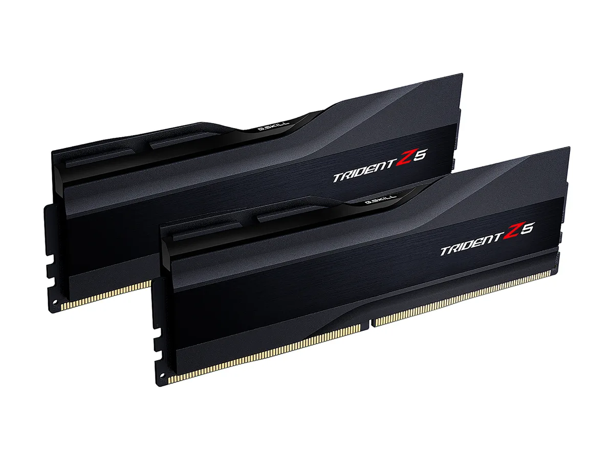Two matte black DDR5 modules with brushed aluminium strips