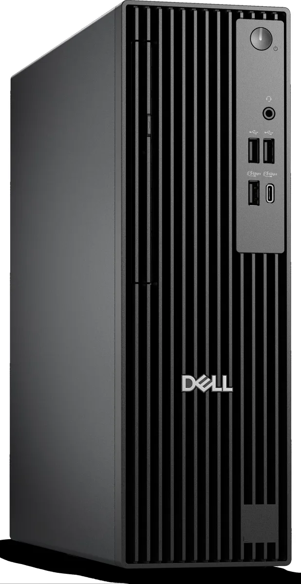 Slim silver desktop tower with slot-loading DVD drive