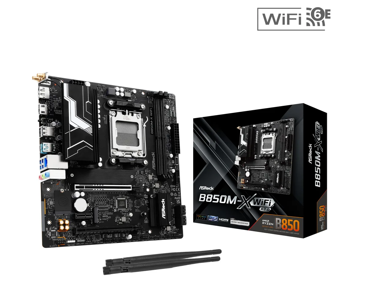 Micro-ATX motherboard with black PCB, silver heatsinks, two DDR5 slots, single PCIe x16 slot, rear I/O shield with HDMI and DisplayPort