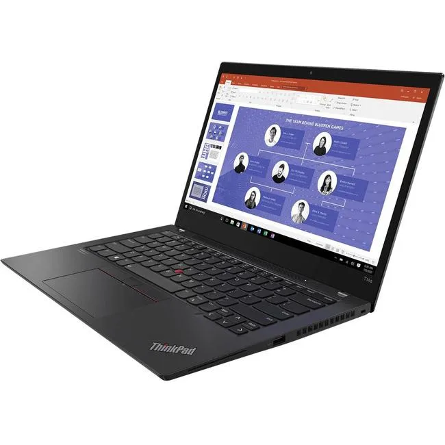 Gray ThinkPad T14s Gen 2 clamshell laptop with 14 inch touchscreen display