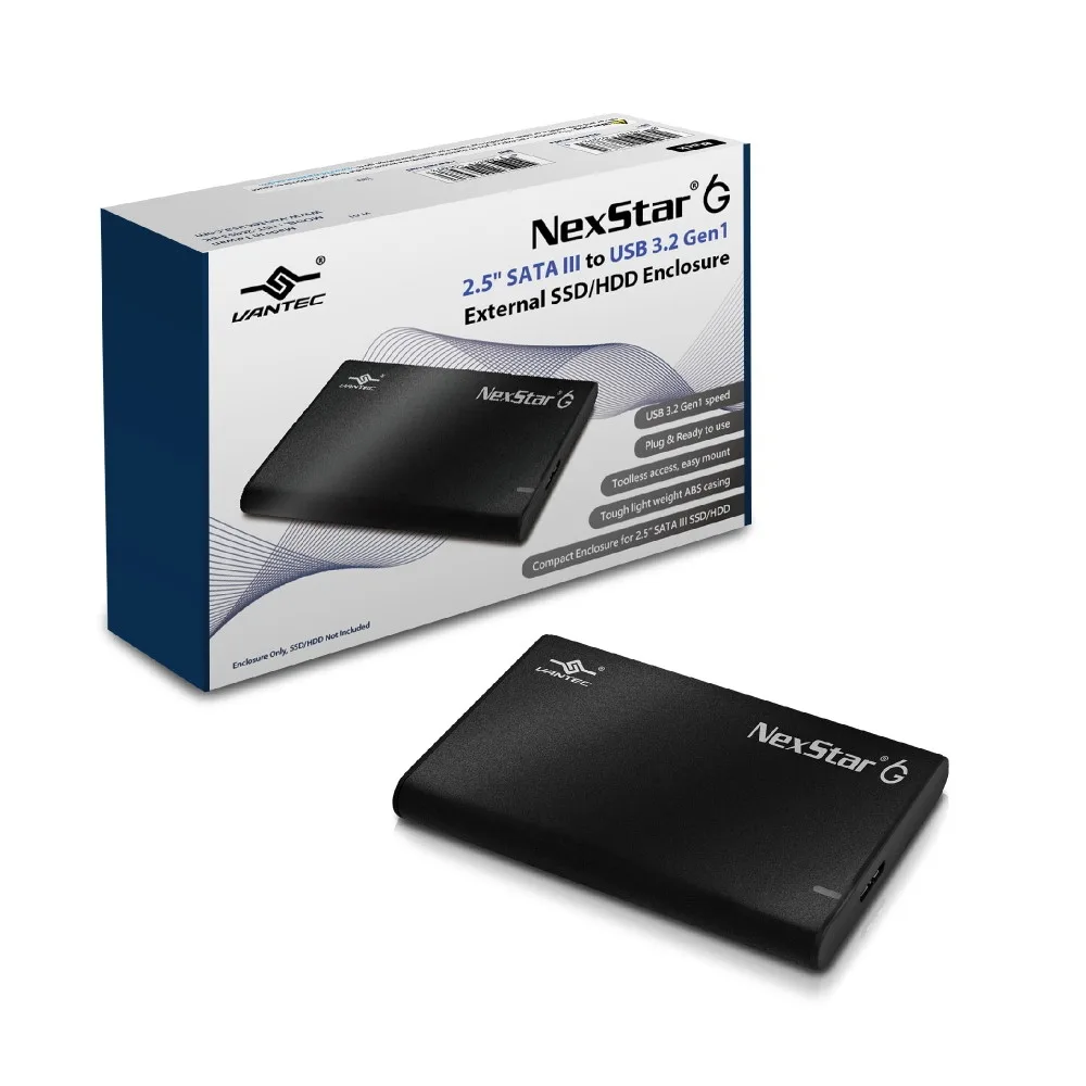 Black aluminium enclosure with ABS tray for 2.5 inch SATA drive