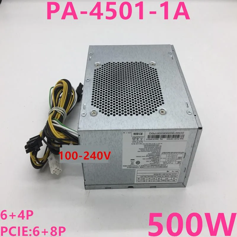 A rectangular metal power supply unit with a matte black finish and a cooling fan grille on one side, labelled PA-4501-1A and 500W