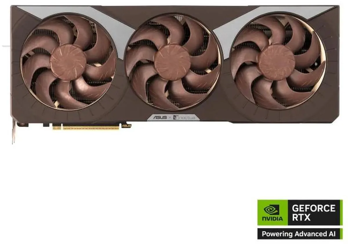 ASUS NOCTUA RTX 5080 graphics card with brown and beige dual-fan cooler