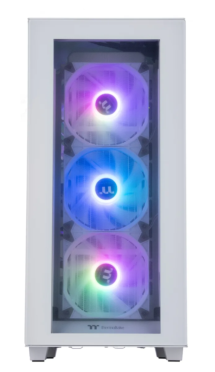 White mid-tower gaming desktop with RGB liquid cooling visible through glass side panel