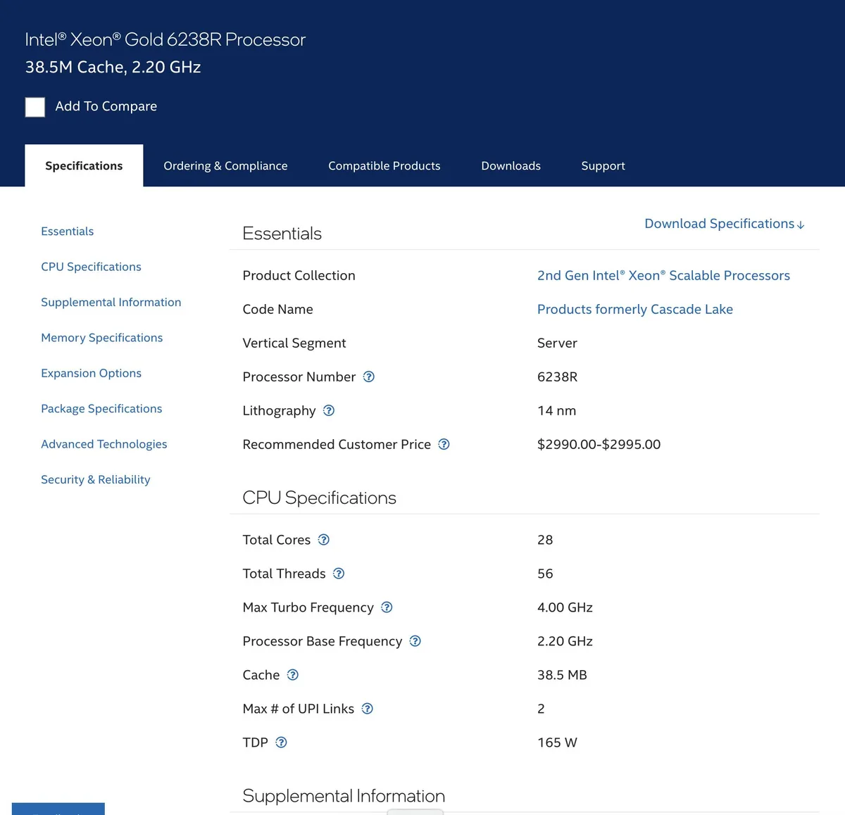 Intel Intel Xeon 6238R SRGZ9 server processor 28 core 2.20 GHz — ürün fotoğrafı