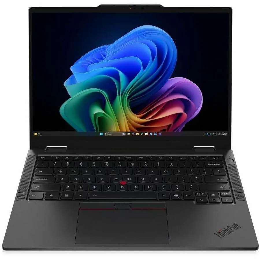 Black 14 inch convertible laptop with touchscreen display and hinge