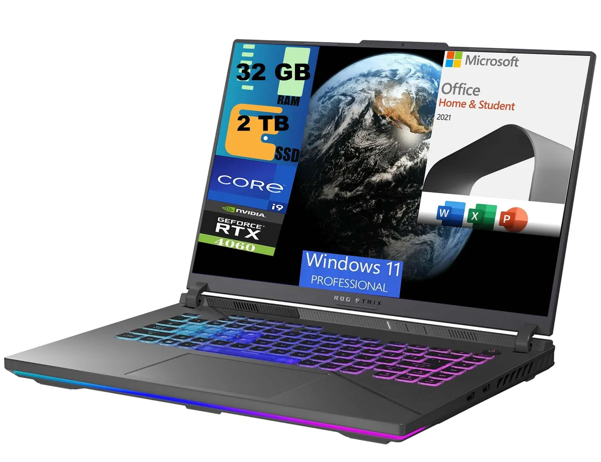 Gray gaming laptop with 16 inch display and per-key RGB keyboard