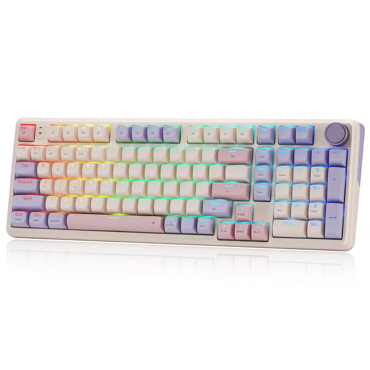 Lilac 100-key wireless gaming keyboard with control knob, PBT keycaps and RGB backlighting