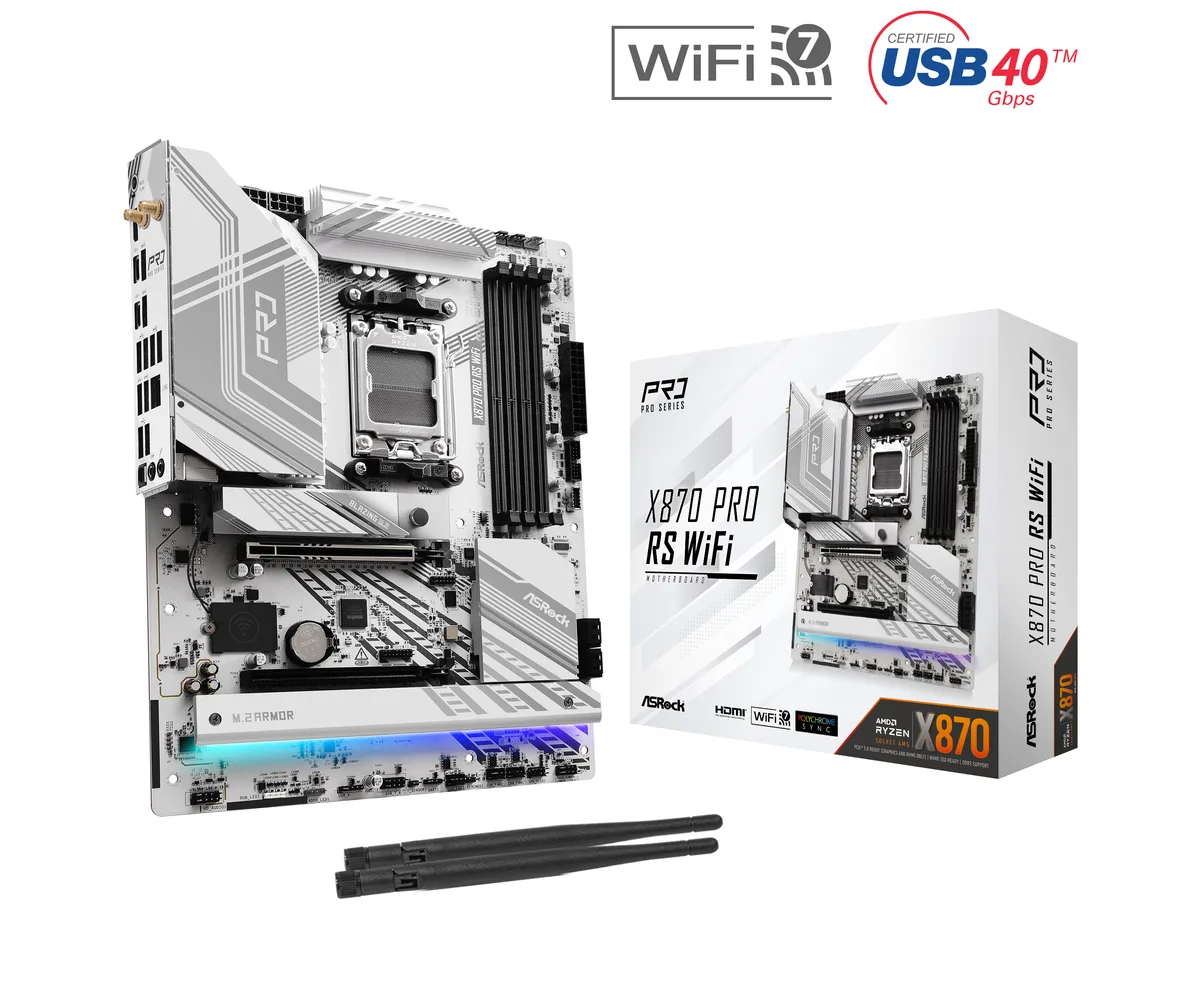 ATX motherboard, dark grey finish, silver heatsinks, AM5 socket, four DDR5 slots, three M.2 shields, rear I/O with two USB4 Type-C
