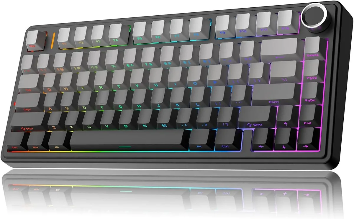 Compact 75% wireless mechanical keyboard in gradient black finish with side control knob