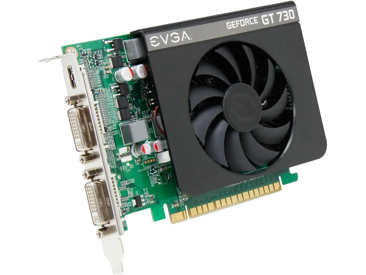 EVGA GeForce GT 730 graphics card with single fan cooler, mini HDMI and dual DVI ports