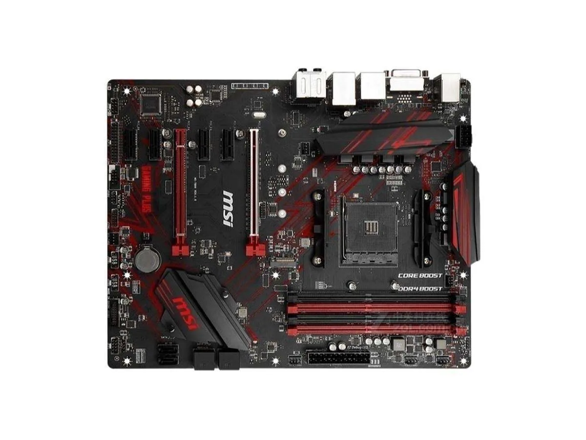 Black rectangular ATX board with silver heatsinks and red accents