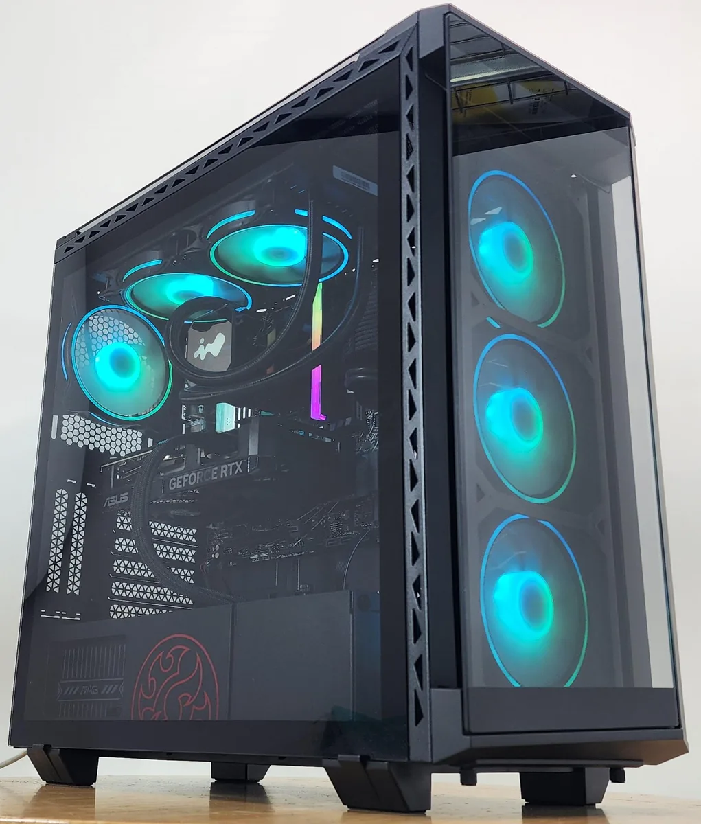 White mid-tower case with glass side panel and RGB lighting