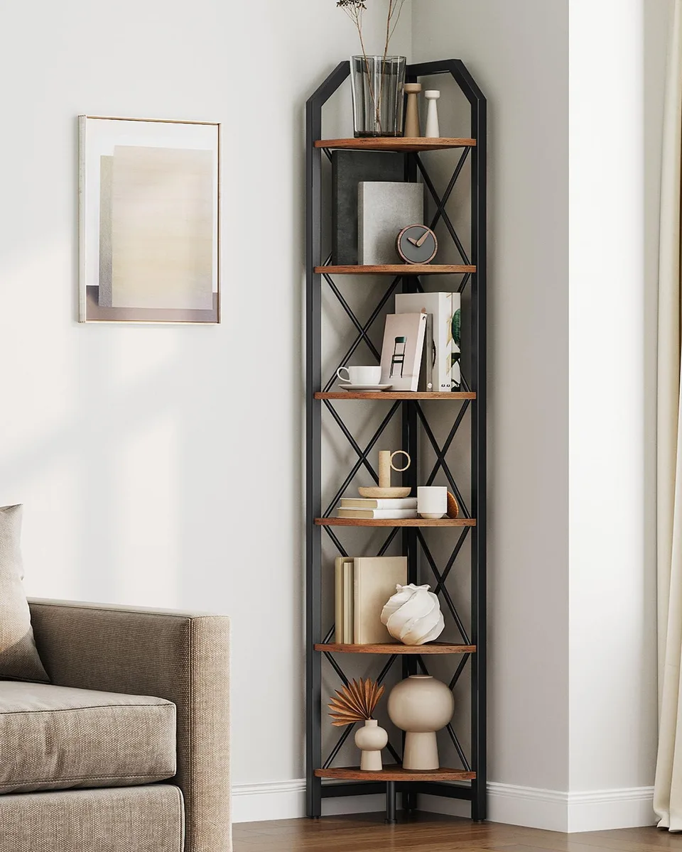 CHOEZON 6-Tier Corner Shelf 11.8x11.8x71.2in Rustic Brown Black TCJ11BF — fotografia produktu