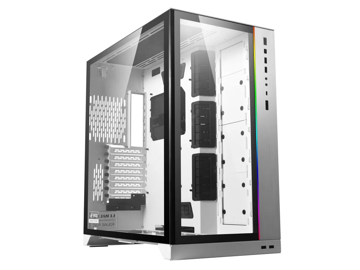 White full-tower case with tempered glass front and left side panels, aluminum exterior