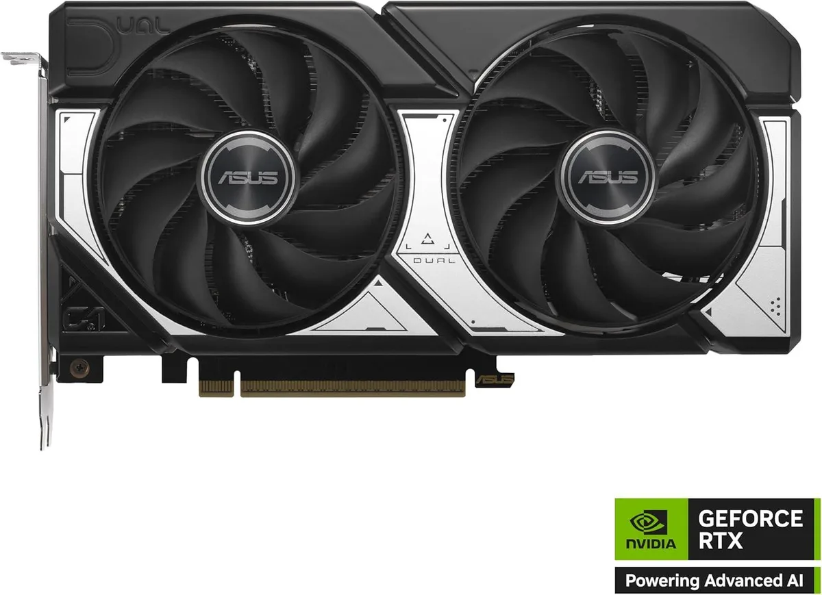 ASUS Dual RTX 5060 Ti graphics card, two-slot black cooler with dual axial fans, metal backplate, three DisplayPort 2.1 and one HDMI
