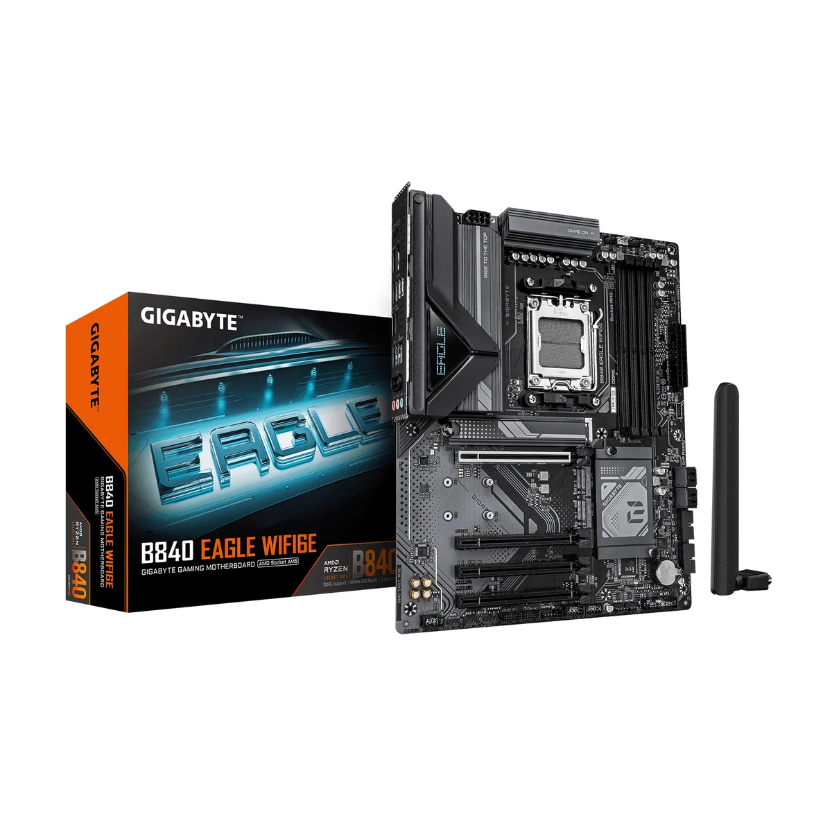Rectangular ATX motherboard in matte black with silver heatsinks and integrated rear I/O shield