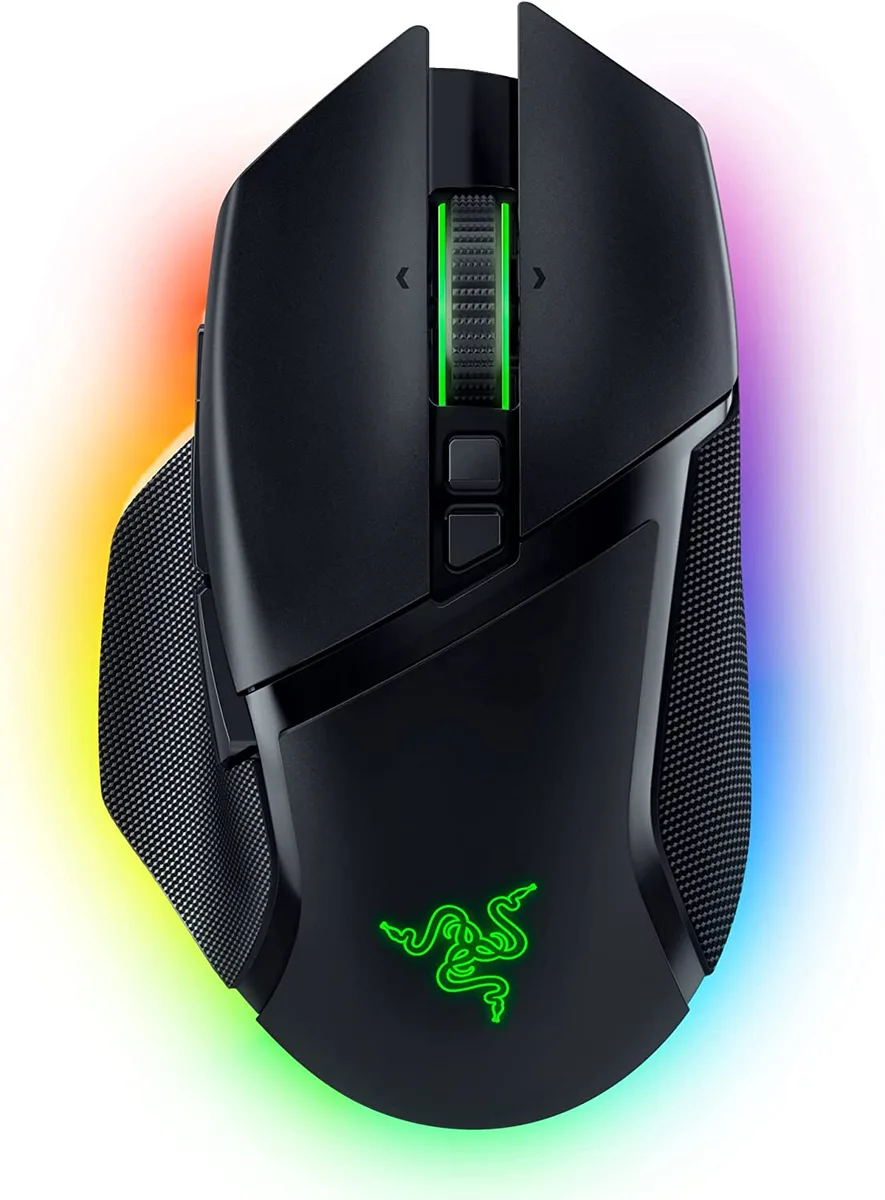 Right-handed black gaming mouse with contoured ergonomic shape, 13-zone RGB lighting and tilt scroll wheel