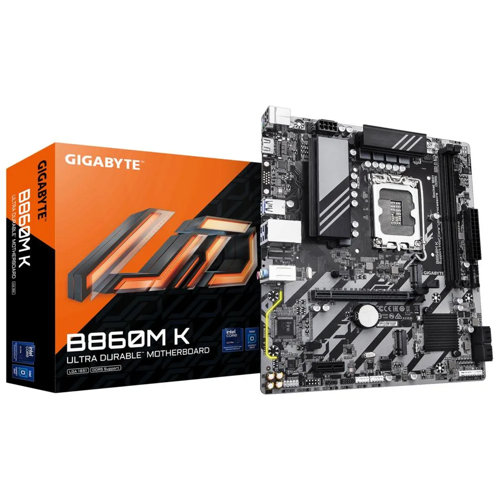 Gigabyte B860M K micro-ATX motherboard with black PCB and silver heatsinks