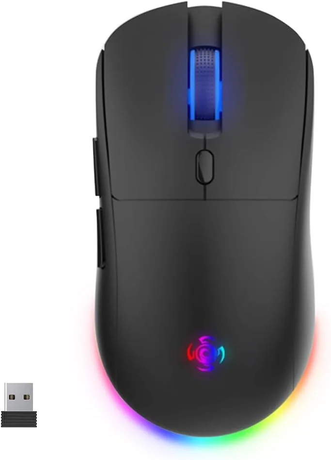 Black wireless gaming mouse with six buttons and RGB lighting