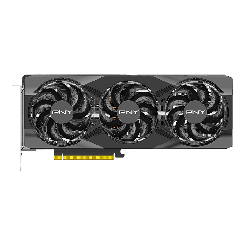 PNY RTX 5070 Ti OC graphics card, three-slot cooler with dual fans, matte black finish, metal backplate, one HDMI and three