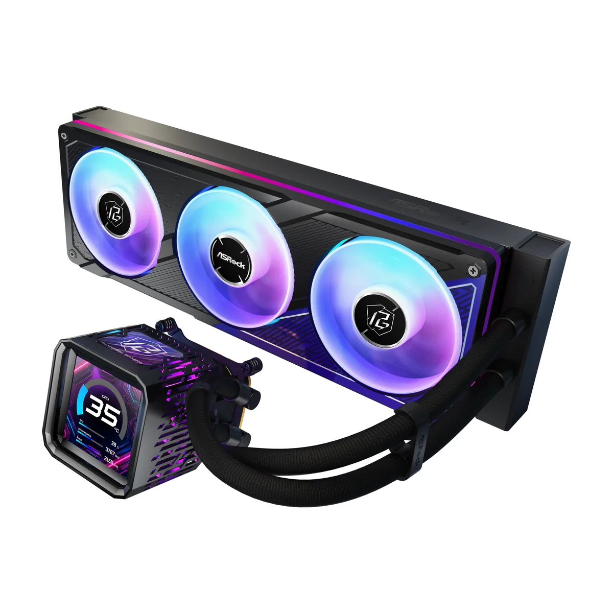 Black AIO liquid cooler with 360 mm radiator, 3.4 inch LCD pump block and three 120 mm ARGB fans