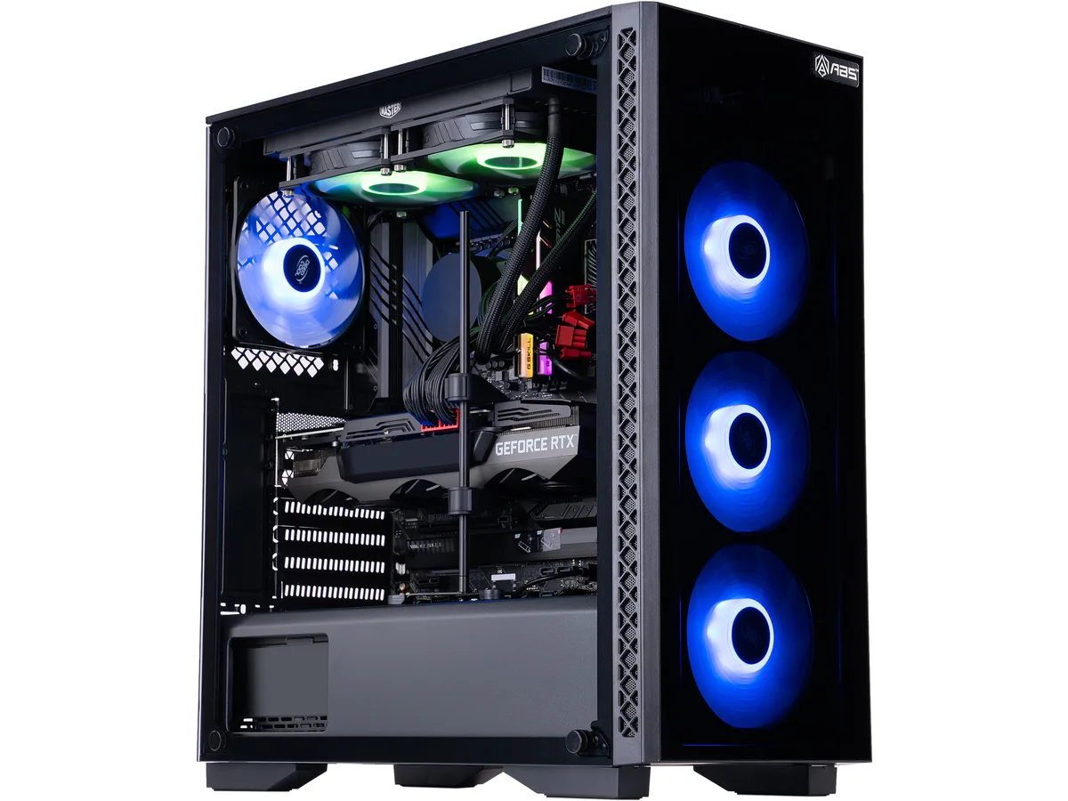 Mid-tower gaming PC with tempered glass panels and RGB lighting