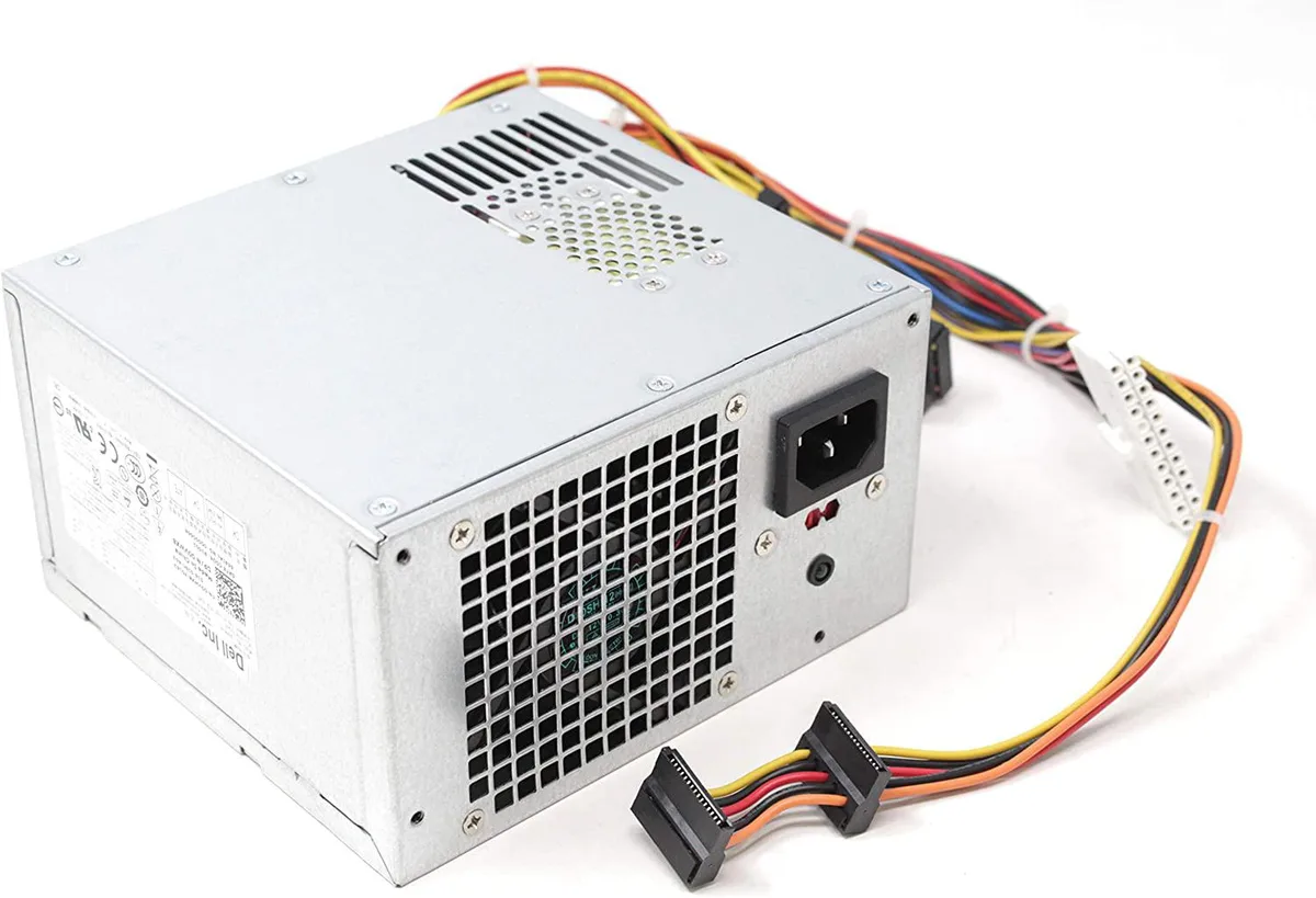 Rectangular metal mini-tower PSU with fan grille and cable bundle