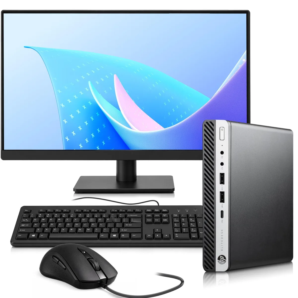 Black HP EliteDesk 800 G5 Mini desktop with 24 inch monitor