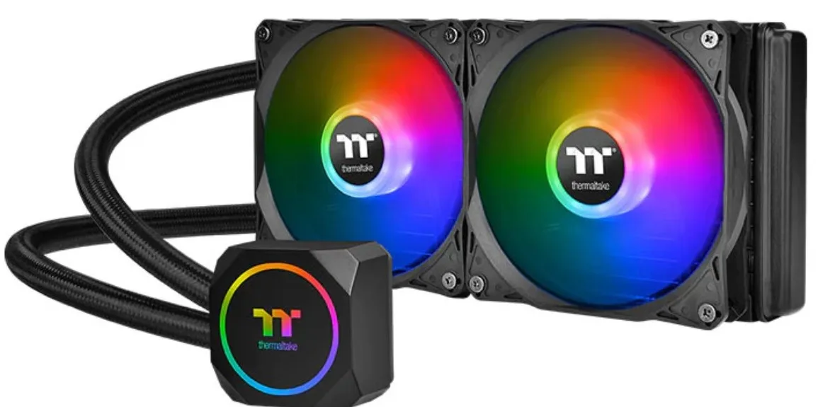 Black 240 mm AIO liquid cooler with two 120 mm ARGB fans and copper water block