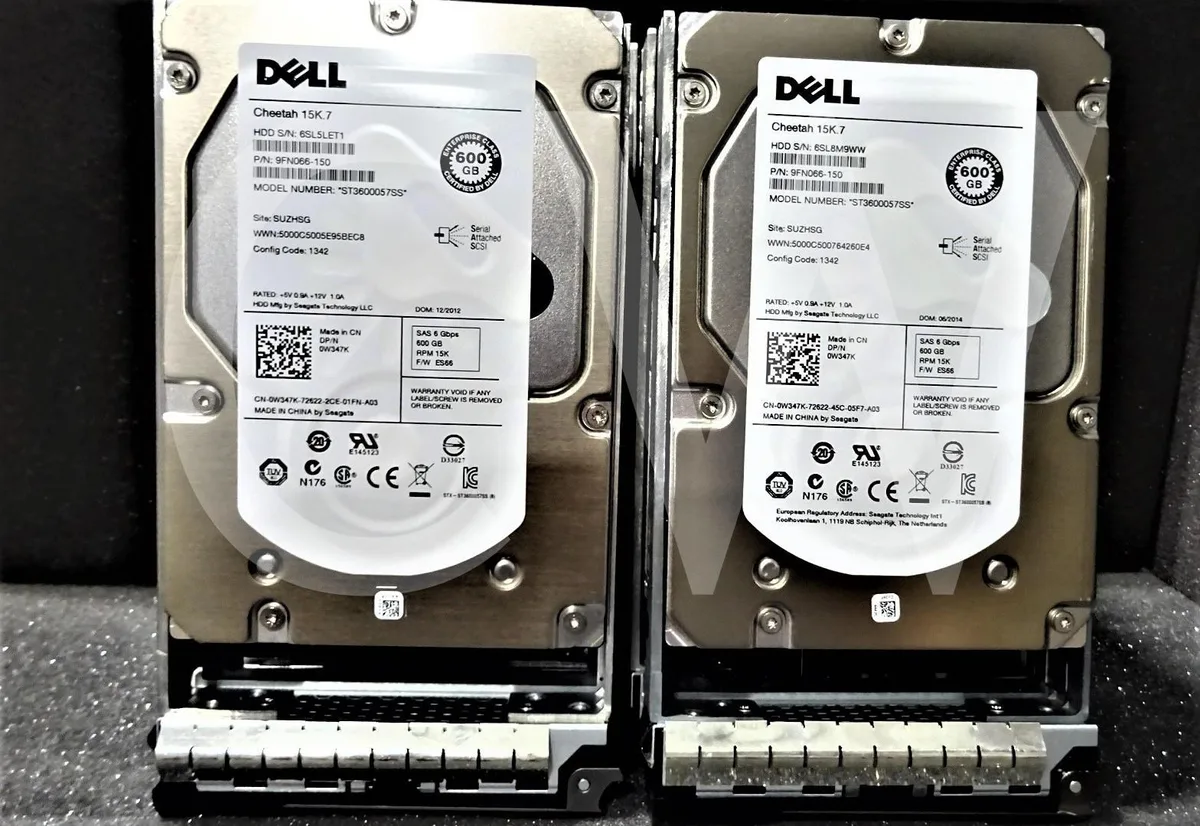 Ten silver 3.5 inch SAS hard drives in black Dell caddies