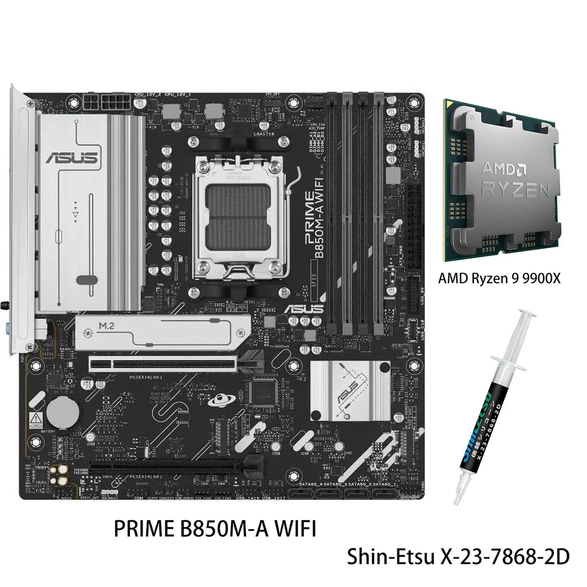 Micro-ATX motherboard with AM5 socket CPU installed, black PCB and silver heatsinks