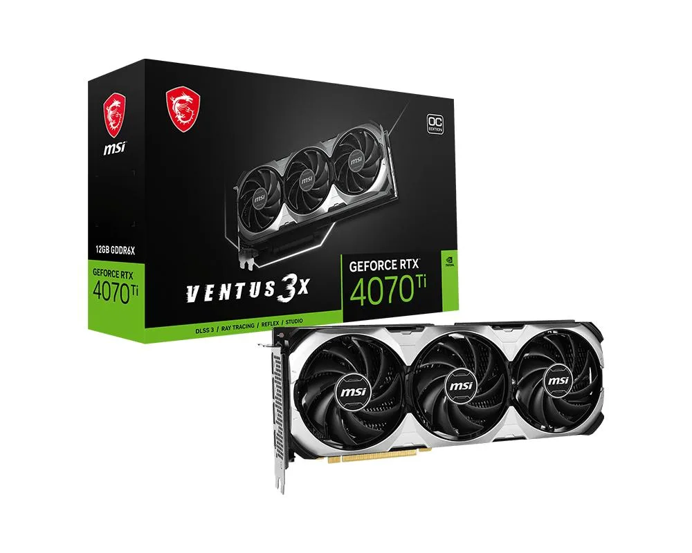 Silver triple-fan graphics card with black accents and PCIe connector