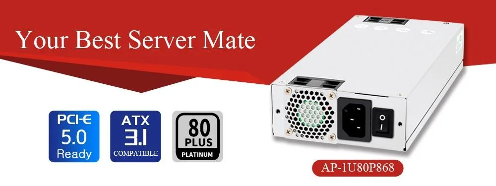 Compact silver 1U server PSU with dual 40mm fans and mesh grille