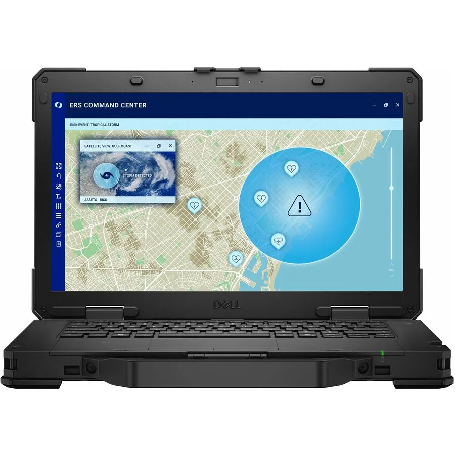 Black rugged 14-inch laptop with matte finish and integrated webcam