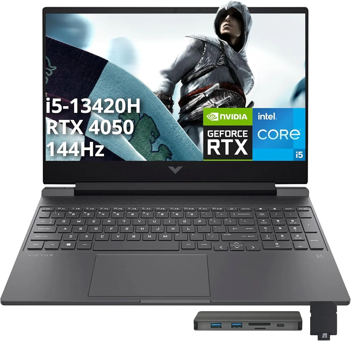 HP Victus gaming laptop in Mica Silver finish, 15.6 inch screen, open clamshell showing backlit keyboard and numeric pad