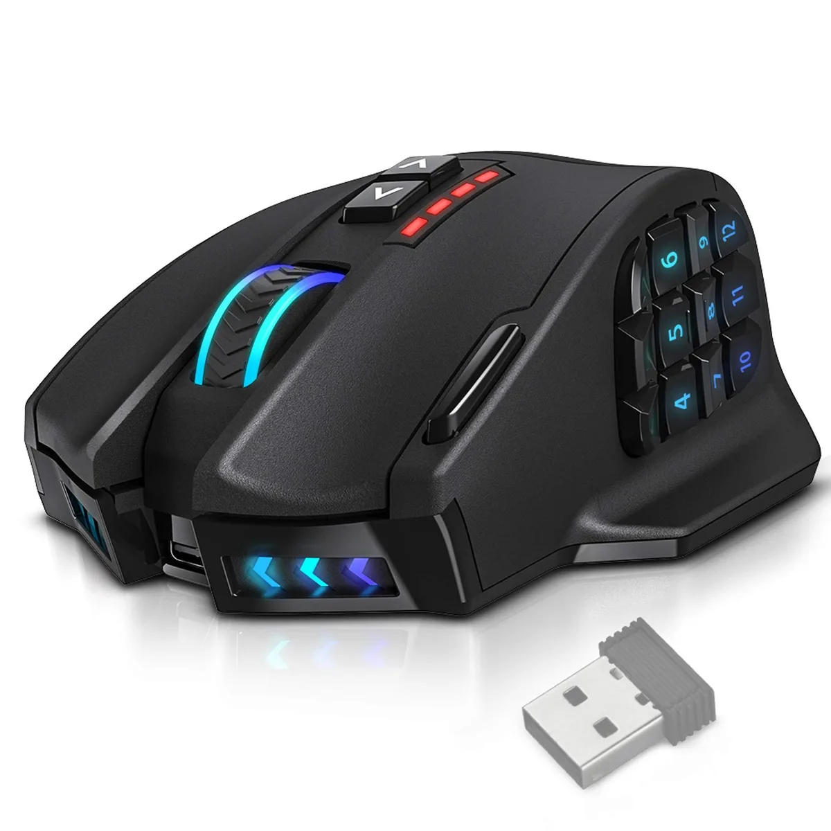 Black right-handed gaming mouse with 16 thumb buttons, matte finish, USB-C cable and nano receiver