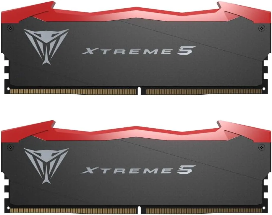 Two black DDR5 memory modules with aluminium heat spreaders, 288-pin desktop form factor