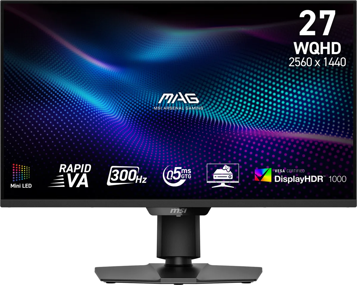 27 inch flat gaming monitor in metallic black with glassy trim and adjustable stand