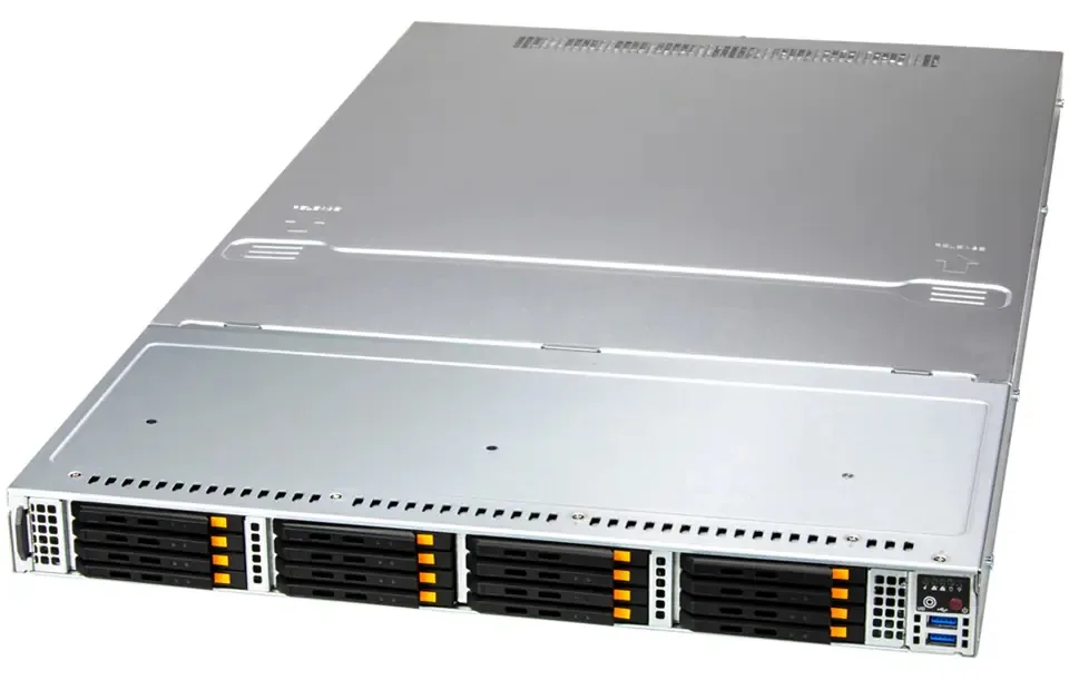 Silver 1U rack server front panel with sixteen E3.S drive bays and status LEDs