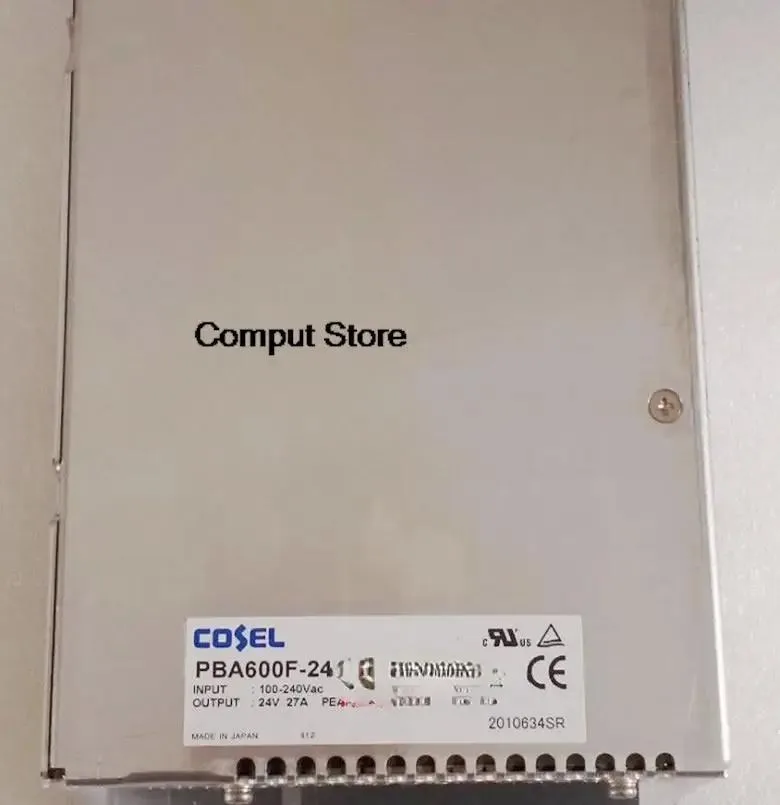 Rectangular metal ATX power supply unit with ventilation grille and label showing 24V 27A
