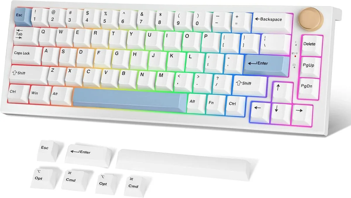 White 65 percent mechanical keyboard with yellow switches and RGB backlighting