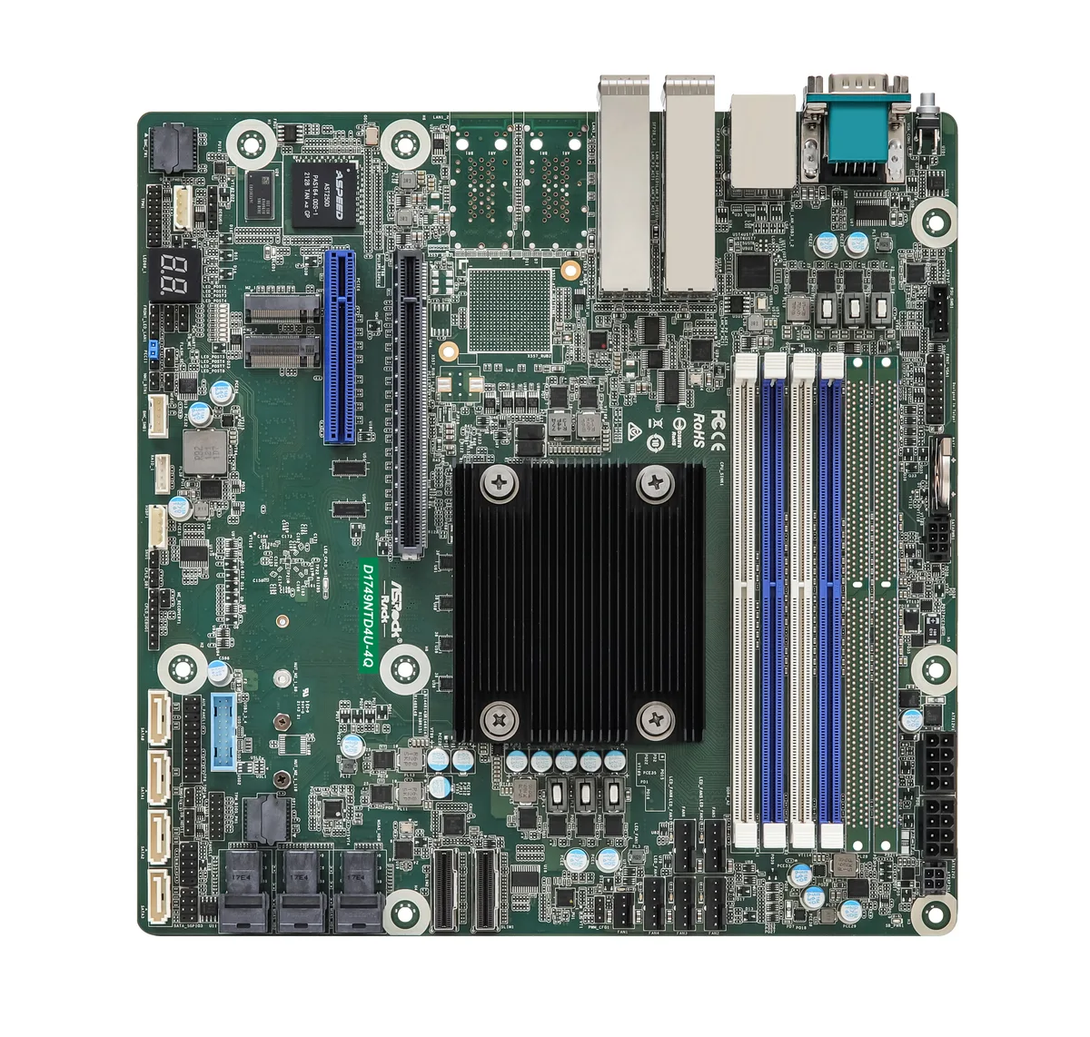 Green Micro-ATX server board with four SFP28 ports and embedded Xeon D-1749NT