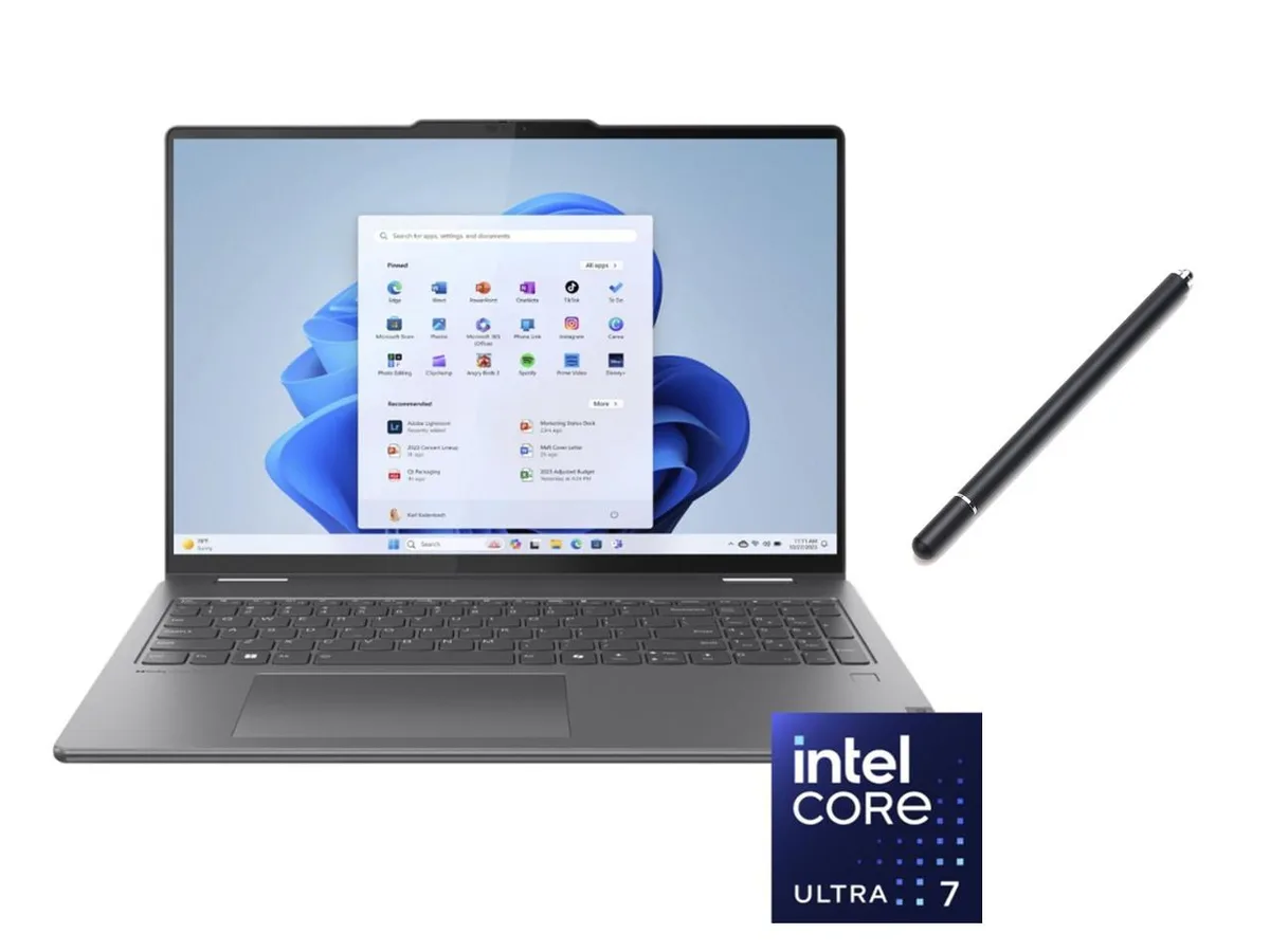 Grey 16-inch convertible laptop with 2K touchscreen, backlit keyboard and fingerprint reader