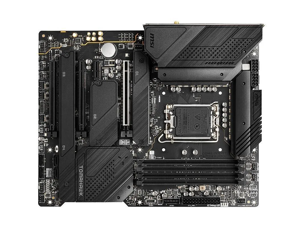Black rectangular ATX motherboard with silver heatsinks and rear I/O panel
